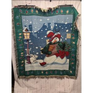 CHRISTMAS Snowman Throw Blanket Tapestry ‎ 48x53 Fringe Mohawk Vintage